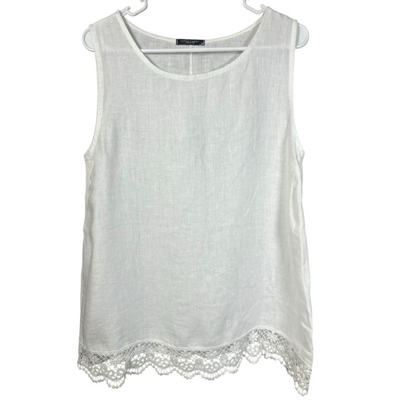 Lungo L’Arno Made in Italy White Linen Tank Top Women’s‎ Medium Crochet Lace Hem - Picture 1 of 9